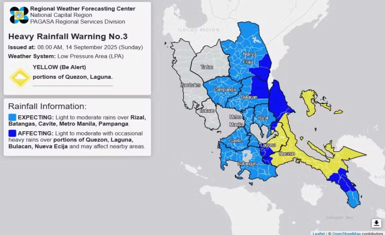 Yellow rainfall warning up in parts of Quezon, Laguna on Sunday morning – Pagasa