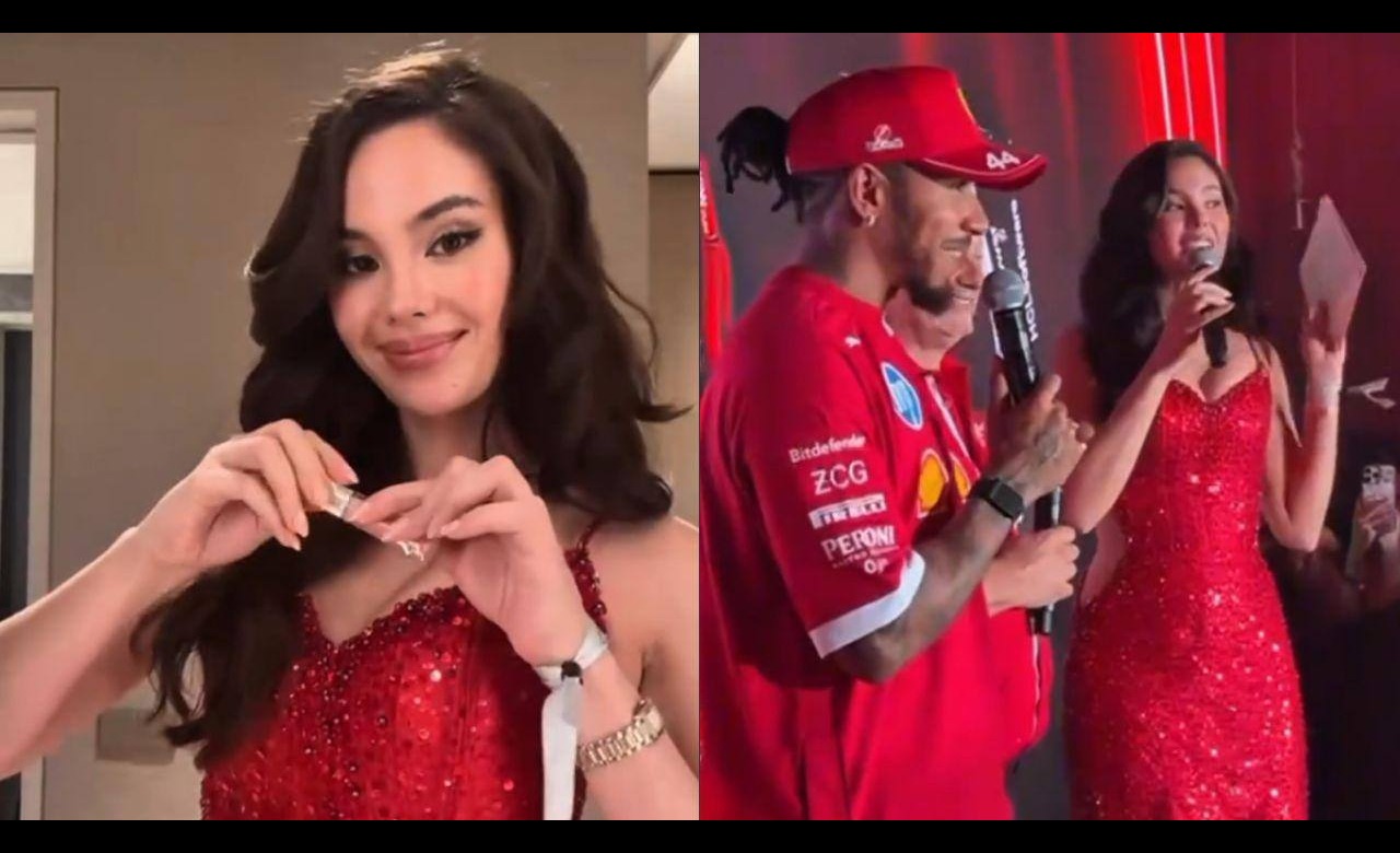 Catriona Gray hosts Ferrari Night in Singapore in lava red gown