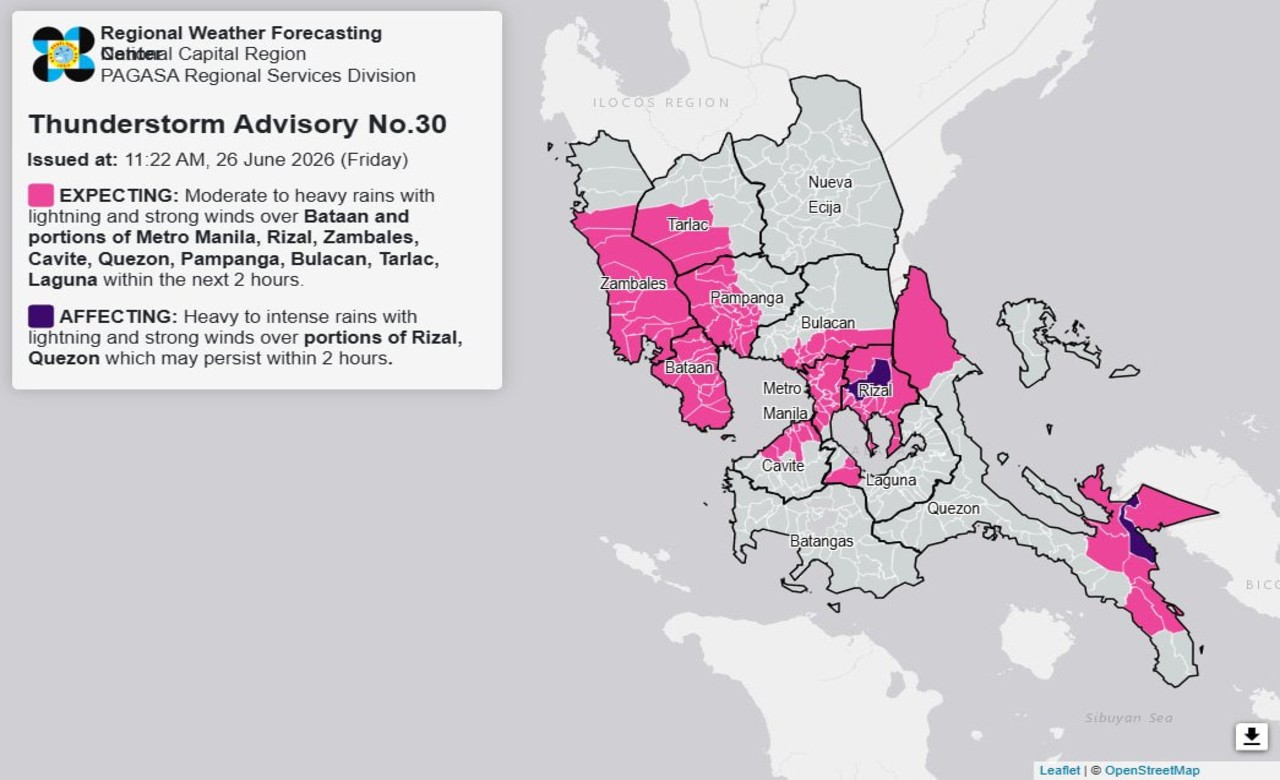 Thunderstorms, rains forecast in parts of Luzon Friday afternoon
