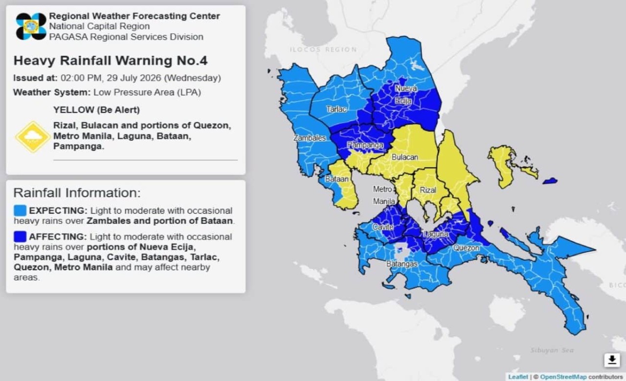 Yellow rainfall warning over Metro Manila, other Luzon areas Wednesday – Pagasa