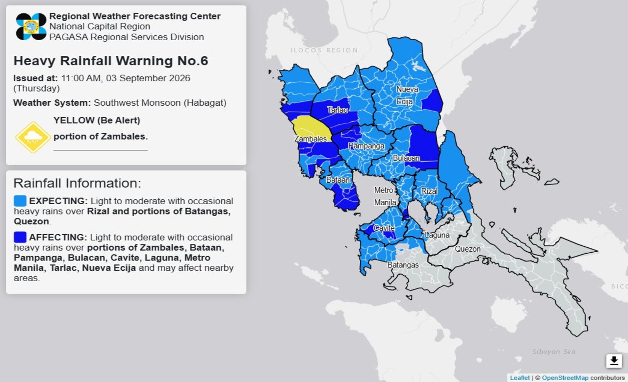 RAINFALL ALERT: Yellow in parts of Zambales; heavy rains in Rizal, 2 areas